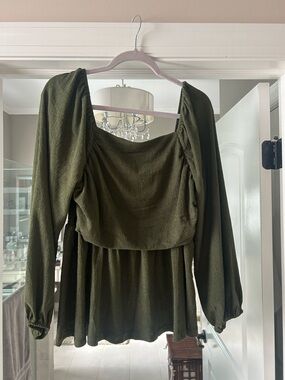 Olive Green Long Sleeve Square Neck Blouse